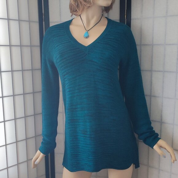 Ellen Tracy Pullover Sweater Medium Cotton Blend Stretchy Textured Knit Teal - Picture 1 of 8